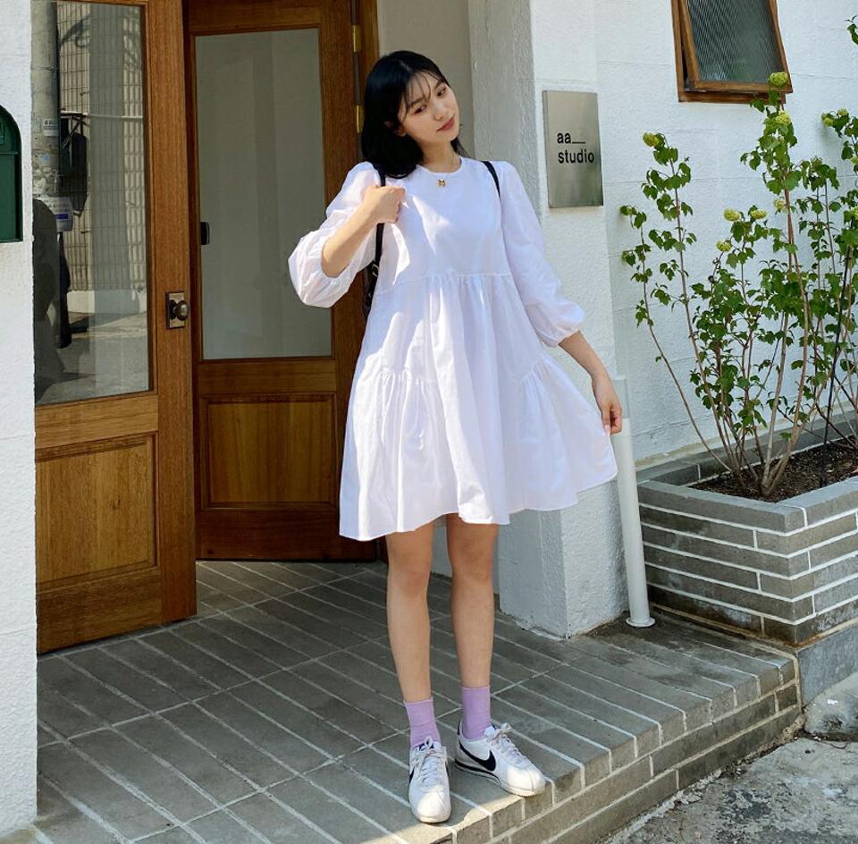 ギャザーミニワンピース・全3色・t63847 レディース 【ops】【韓国 ファッション ワンピース ミニ ミニワンピース アンバランス ギャザー ラウンドネック 7分丈袖 ガーリー カジュアル フェミニン 体型カバー 春 夏】【NIJU】