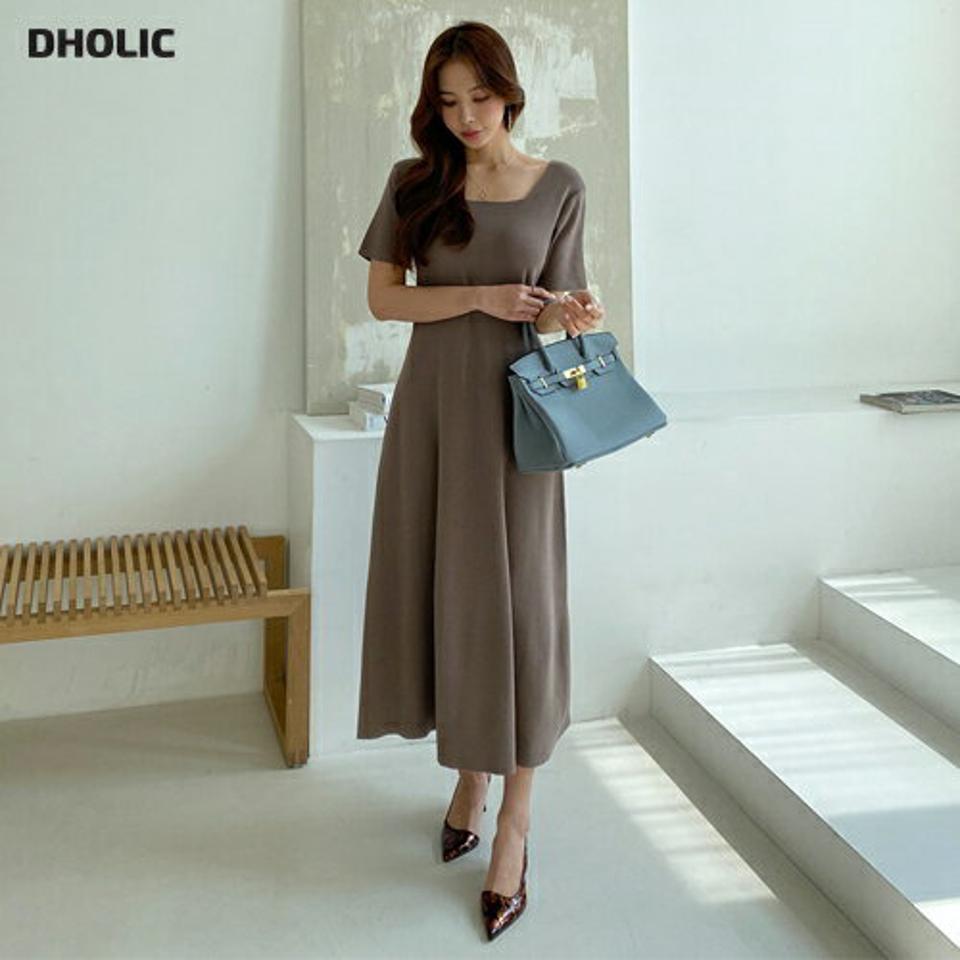 ストラップ付2WAYニットワンピース・全3色・b67914 レディース 【ops】【ワンピース ロング ロングワンピース 半袖 スクエアネック Vネック ニット 前後着用自由 シンプル 単色 春 夏 韓国 ファッション】【ハイホリHIHOLLI】