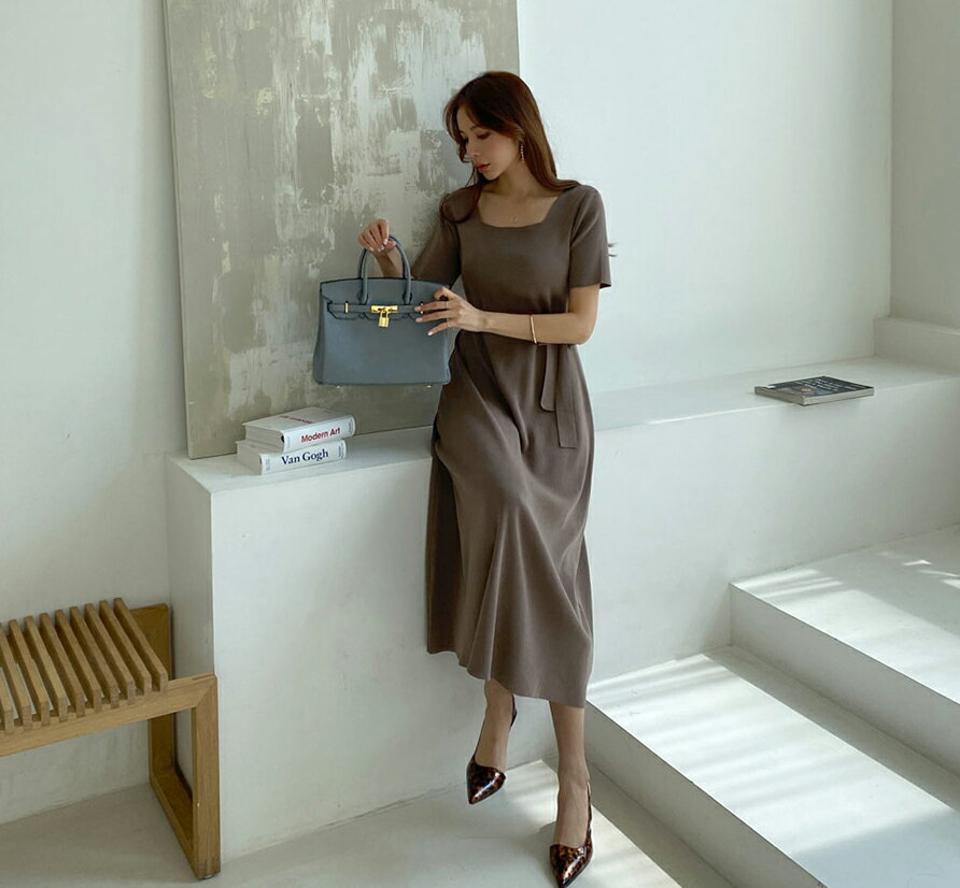 ストラップ付2WAYニットワンピース・全3色・b67914 レディース 【ops】【ワンピース ロング ロングワンピース 半袖 スクエアネック Vネック ニット 前後着用自由 シンプル 単色 春 夏 韓国 ファッション】【ハイホリHIHOLLI】