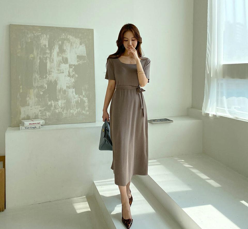 ストラップ付2WAYニットワンピース・全3色・b67914 レディース 【ops】【ワンピース ロング ロングワンピース 半袖 スクエアネック Vネック ニット 前後着用自由 シンプル 単色 春 夏 韓国 ファッション】【ハイホリHIHOLLI】