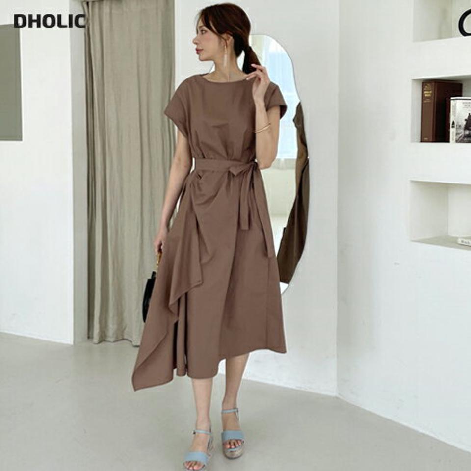 ストラップ付ラップワンピース・全2色・b67921 レディース 【ops】 ワンピース ロングワンピース ラップ アンバランス ストラップ 単色 ギャザー シンプル フレンチスリーブ ショートスリーブ 春 夏 韓国 ファッション ハイホリHIHOLLI