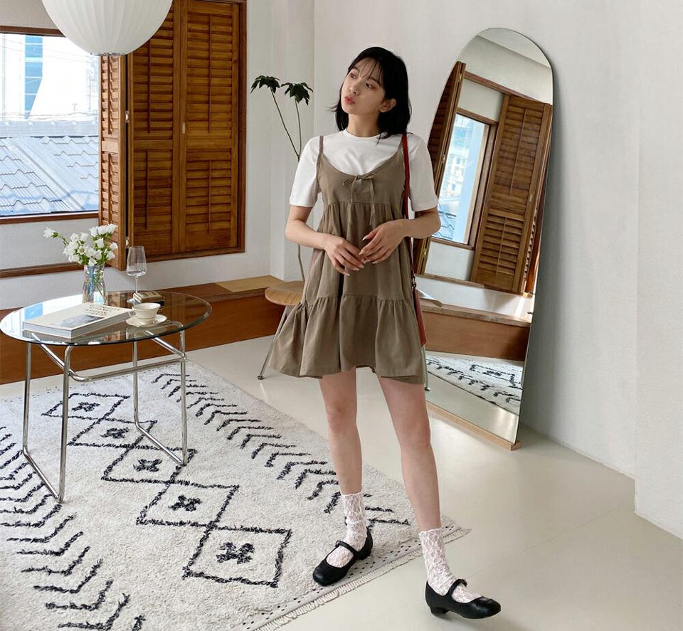 【全品10%OFF】ティアードキャミミニワンピース・全2色・t63846 レディース 【ops】【韓国 ファッション ワンピース ミニ ミニワンピース レイヤード キャミワンピース ティアード リボン Aライン ガーリー カジュアル フェミニン 体型カバー 春 夏】【NIJU】