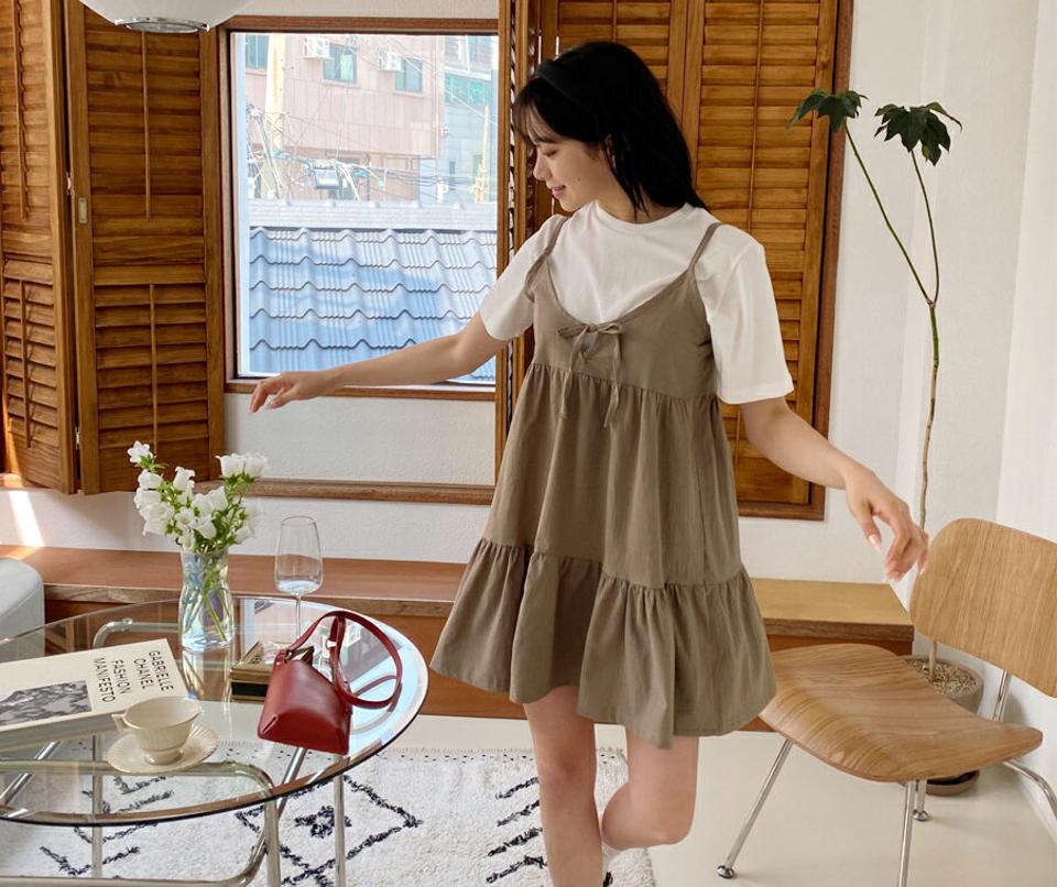 【全品10%OFF】ティアードキャミミニワンピース・全2色・t63846 レディース 【ops】【韓国 ファッション ワンピース ミニ ミニワンピース レイヤード キャミワンピース ティアード リボン Aライン ガーリー カジュアル フェミニン 体型カバー 春 夏】【NIJU】