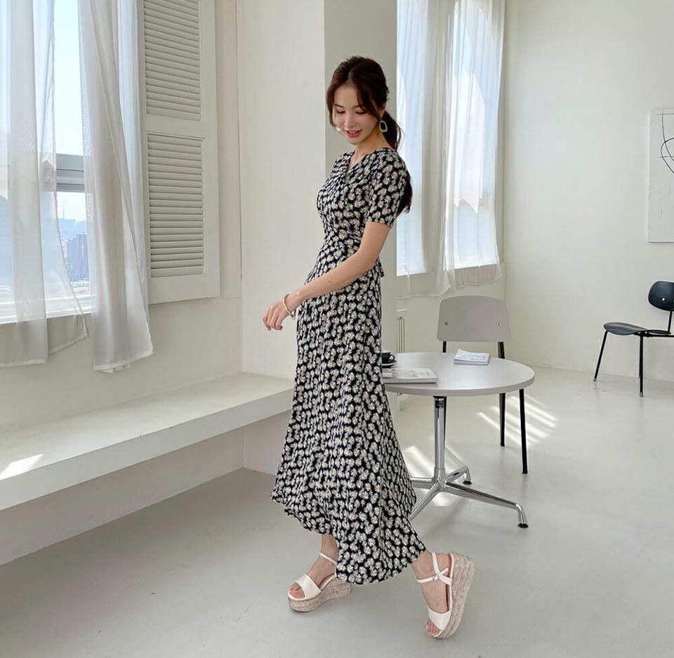 フラワーラップ調ワンピース・全3色・b67919 レディース 【ops】 ワンピース ロング ロングワンピース 半袖 ラップデザイン 花柄 フラワー 可愛い かわいい Aライン フェミニン 春 夏 韓国 ファッション ハイホリHIHOLLI