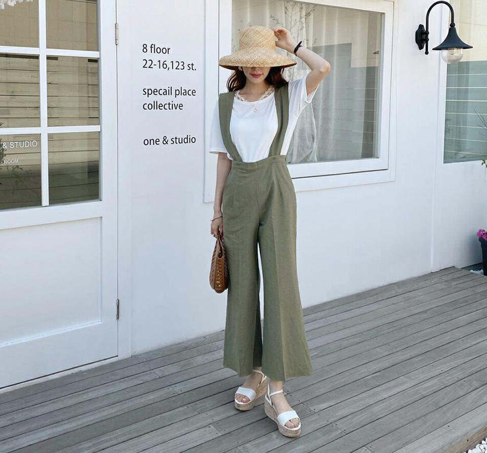 リネン混Vネックオールインワン・全3色・b67925 レディース 【pt】 オールインワン パンツ ズボン ロングパンツ リネン Vネック レイヤード シンプル 単色 無地 カジュアル 春 夏 韓国 ファッション ハイホリHIHOLLI