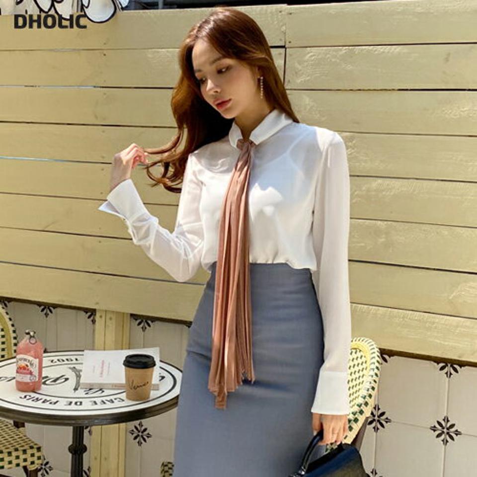 プリーツ配色リボンブラウス・全2色・b67916 レディース 【bl】【トップス ブラウス 長袖 リボン りぼん プリーツ 配色 ユニーク 個性的 かわいい 春 秋 韓国 ファッション】【ハイホリHIHOLLI】