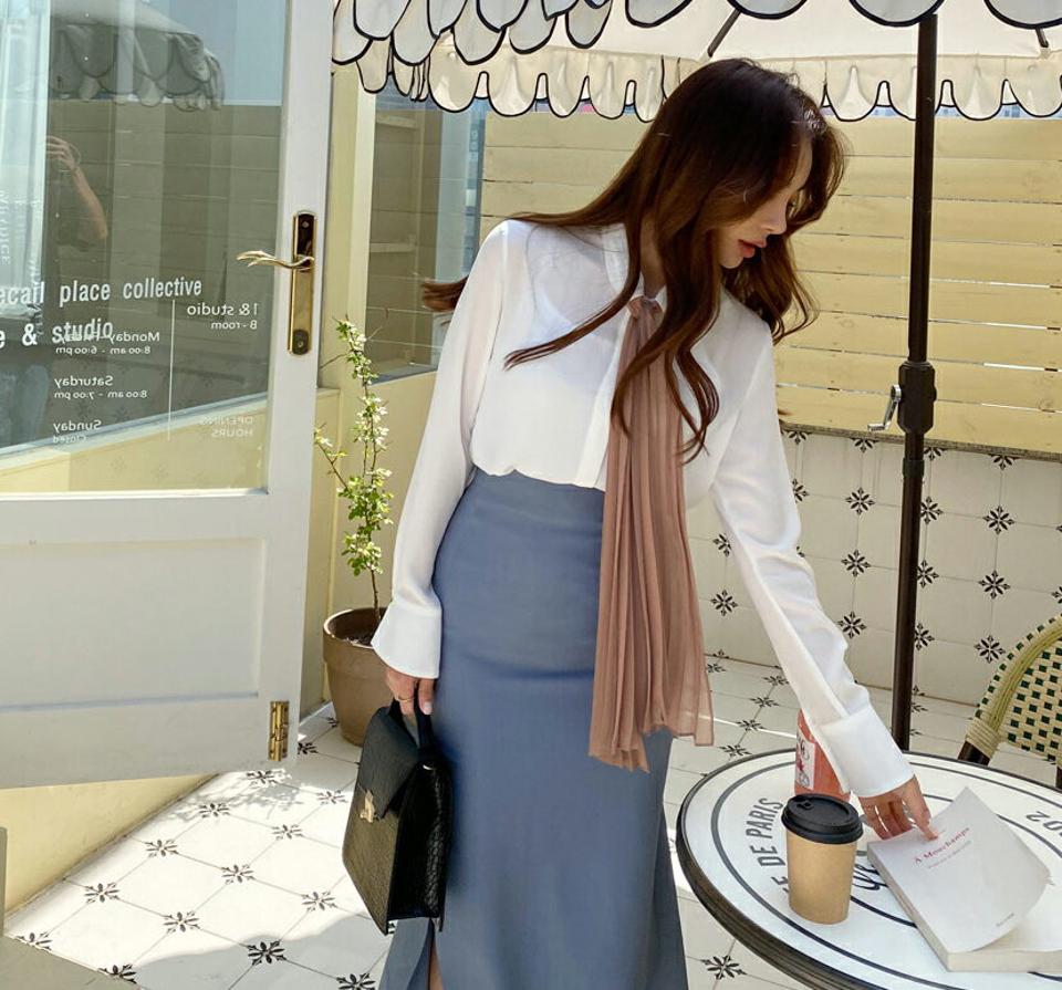 プリーツ配色リボンブラウス・全2色・b67916 レディース 【bl】【トップス ブラウス 長袖 リボン りぼん プリーツ 配色 ユニーク 個性的 かわいい 春 秋 韓国 ファッション】【ハイホリHIHOLLI】