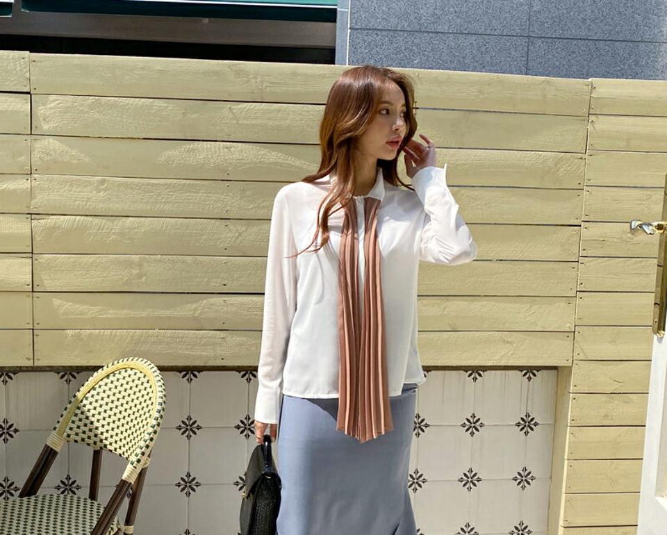 プリーツ配色リボンブラウス・全2色・b67916 レディース 【bl】【トップス ブラウス 長袖 リボン りぼん プリーツ 配色 ユニーク 個性的 かわいい 春 秋 韓国 ファッション】【ハイホリHIHOLLI】