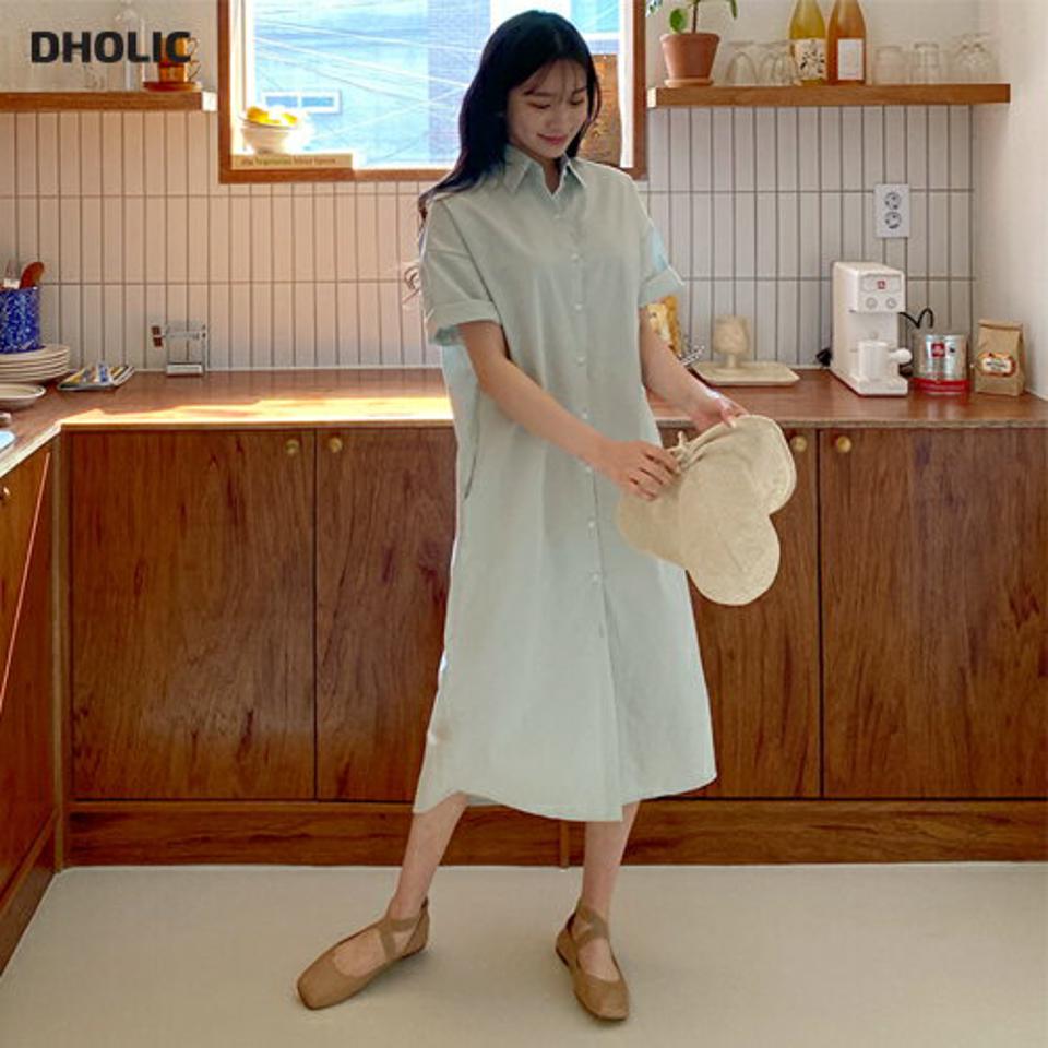 半袖シャツワンピース・全3色・t63850 レディース 【ops】【韓国 ファッション ワンピース ロング ロングワンピース シャツワンピース Hライン ハーフスリーブ カジュアル フェミニン 体型カバー 春 夏】【NIJU】