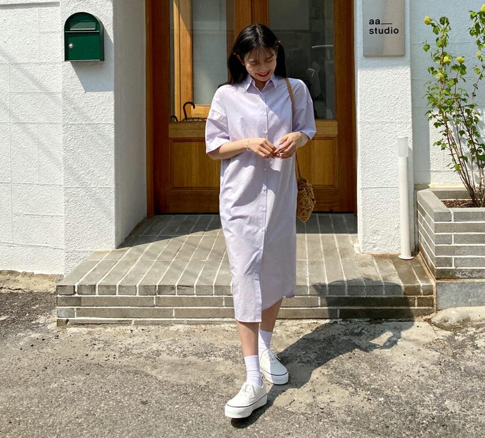 半袖シャツワンピース・全3色・t63850 レディース 【ops】【韓国 ファッション ワンピース ロング ロングワンピース シャツワンピース Hライン ハーフスリーブ カジュアル フェミニン 体型カバー 春 夏】【NIJU】