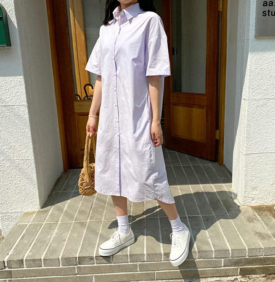 半袖シャツワンピース・全3色・t63850 レディース 【ops】【韓国 ファッション ワンピース ロング ロングワンピース シャツワンピース Hライン ハーフスリーブ カジュアル フェミニン 体型カバー 春 夏】【NIJU】