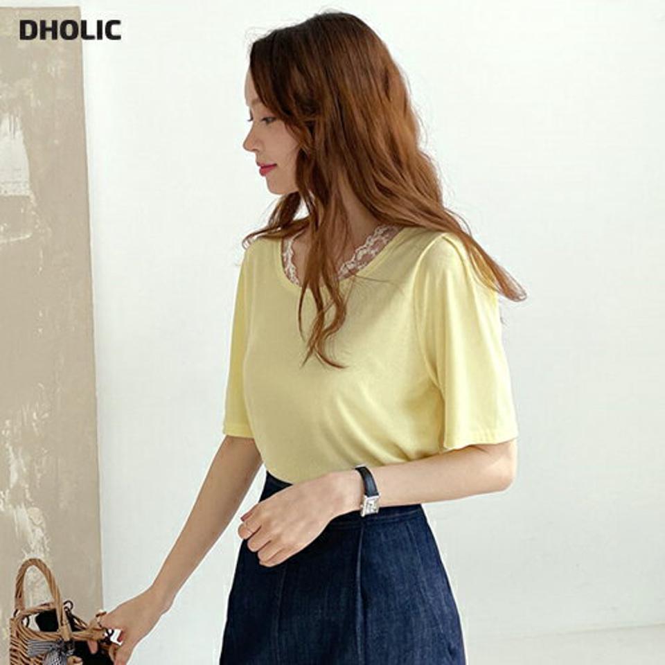 レースネックリブTシャツ・全3色・b67918 レディース 【tops】【トップス Tシャツ 半袖 ハーフスリーブ レース リブ シンプル かわいい カジュアル 春 夏 韓国 ファッション】【ハイホリHIHOLLI】