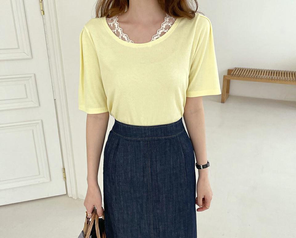 レースネックリブTシャツ・全3色・b67918 レディース 【tops】【トップス Tシャツ 半袖 ハーフスリーブ レース リブ シンプル かわいい カジュアル 春 夏 韓国 ファッション】【ハイホリHIHOLLI】