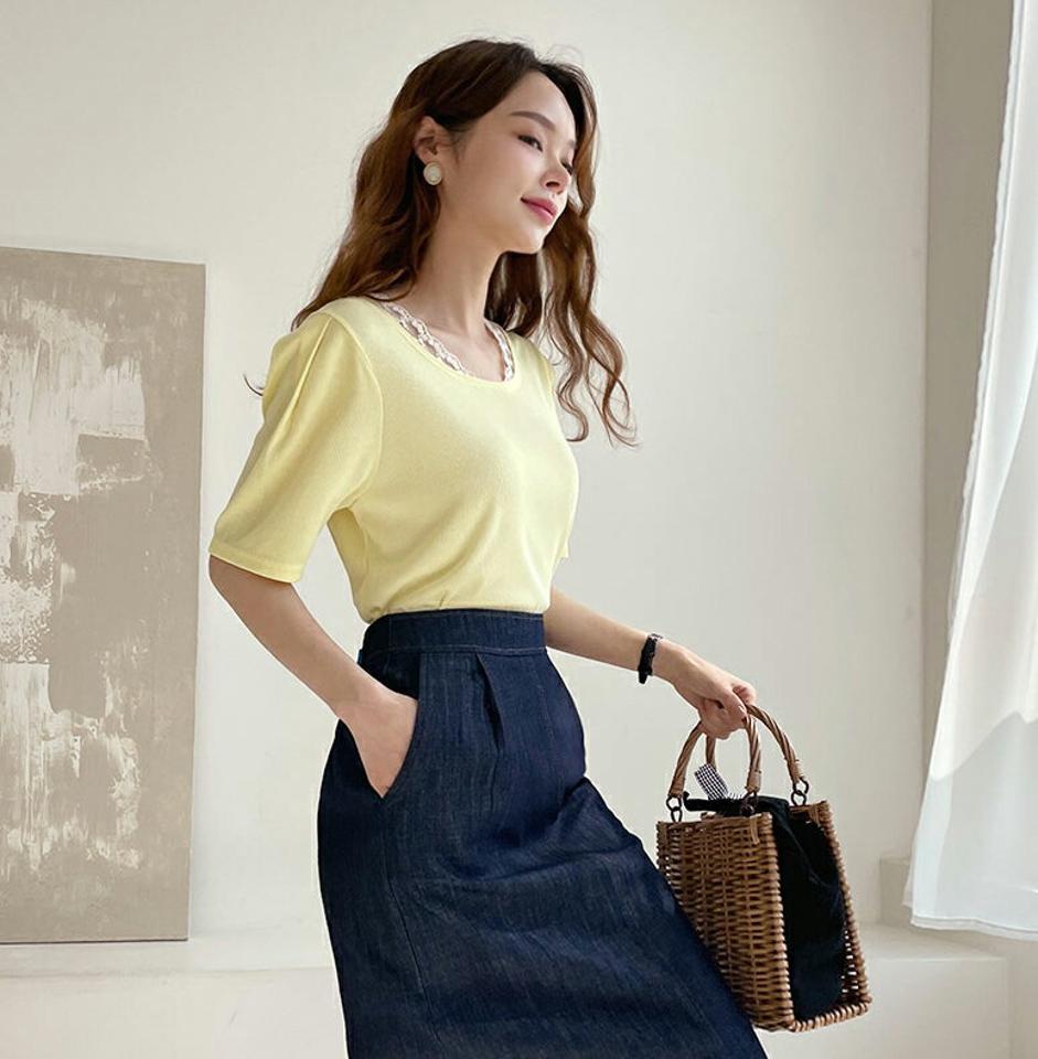 レースネックリブTシャツ・全3色・b67918 レディース 【tops】【トップス Tシャツ 半袖 ハーフスリーブ レース リブ シンプル かわいい カジュアル 春 夏 韓国 ファッション】【ハイホリHIHOLLI】