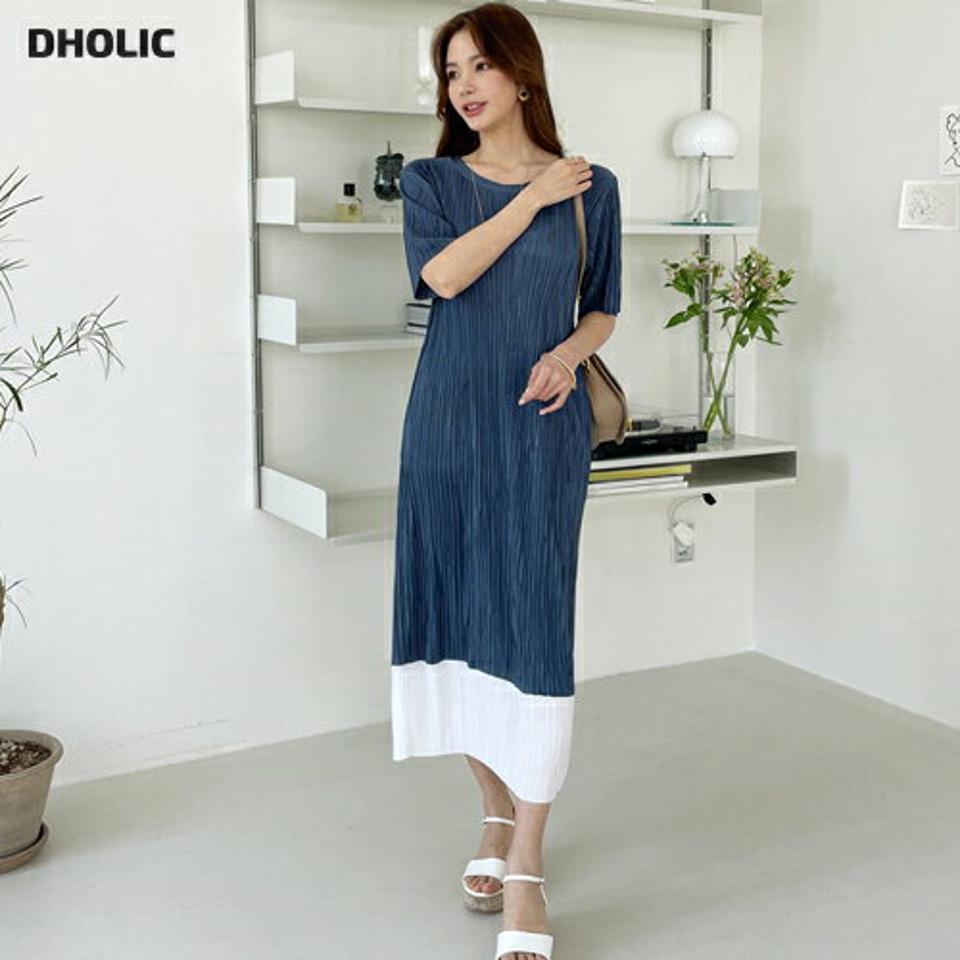 プリーツコントラストカラーワンピース・全5色・t67912 レディース 【ops】 ワンピース ロング ロングワンピース 半袖 ハーフスリーブ プリーツ コントラスト 大人 上品 体型カバー 春 夏 韓国 ファッション ハイホリHIHOLLI
