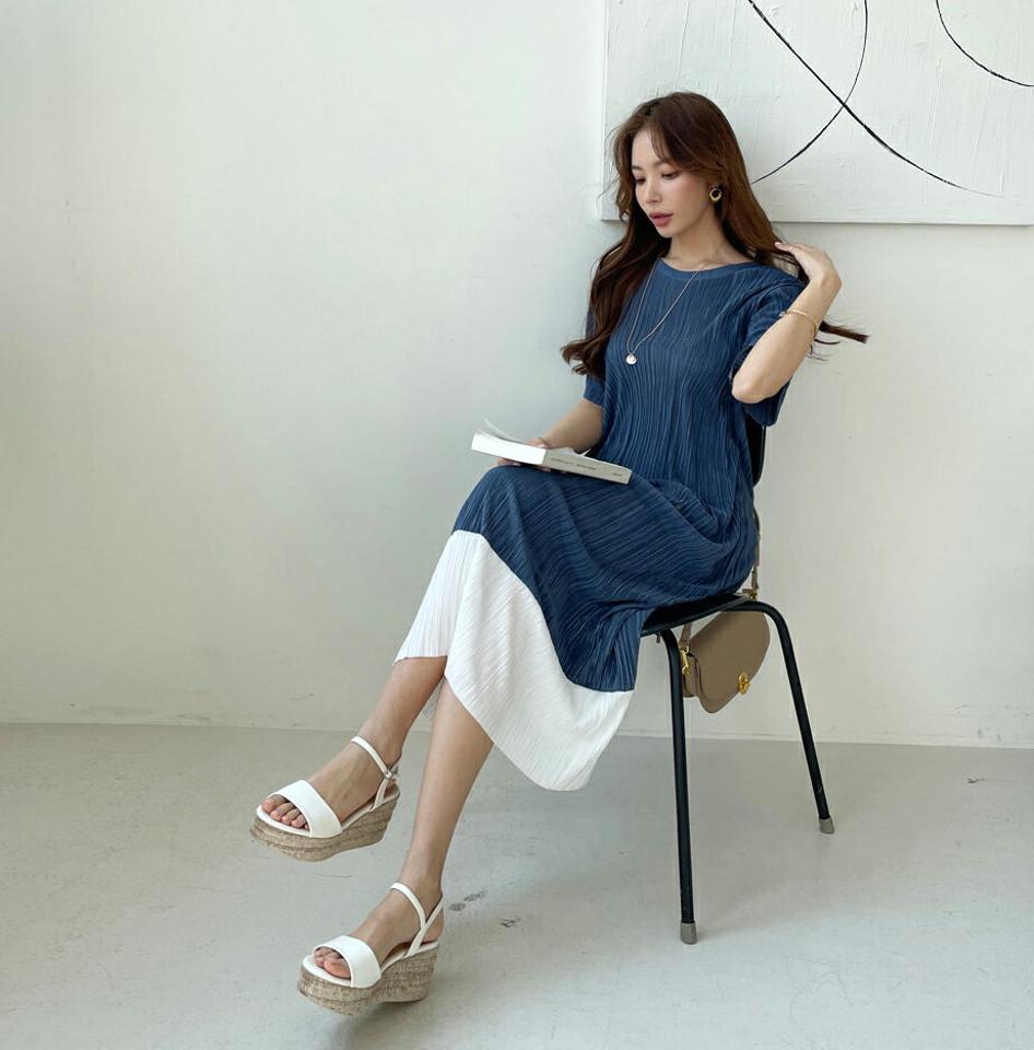 プリーツコントラストカラーワンピース・全5色・t67912 レディース 【ops】 ワンピース ロング ロングワンピース 半袖 ハーフスリーブ プリーツ コントラスト 大人 上品 体型カバー 春 夏 韓国 ファッション ハイホリHIHOLLI