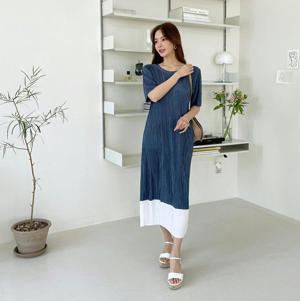 プリーツコントラストカラーワンピース・全5色・t67912 レディース 【ops】 ワンピース ロング ロングワンピース 半袖 ハーフスリーブ プリーツ コントラスト 大人 上品 体型カバー 春 夏 韓国 ファッション ハイホリHIHOLLI