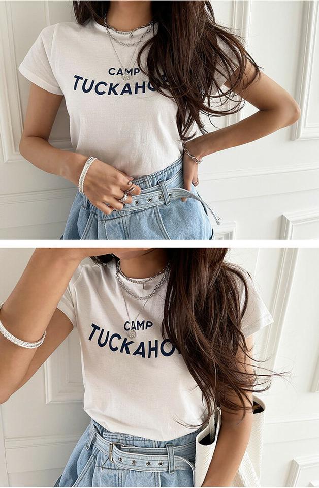 NANING9(ナンニング)TUCKAHOEロゴTシャツ【4/19up_go】韓国 韓国ファッション　トップス 半袖 春 夏 無地 シンプル ロゴT ロゴ 重ね着 レディース ファッション【あす楽】※メール便不可