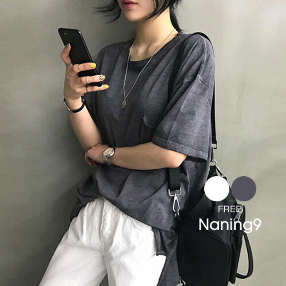 NANING9(ナンニング)ポケット付きウォッシュデザインTシャツ【4/19up_go】韓国 韓国ファッション　トップス 半袖 春 夏 サイドスリット オーバーサイズ 無地 シンプル ポケットレディース ファッション【あす楽】※メール便不可