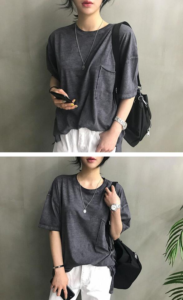 NANING9(ナンニング)ポケット付きウォッシュデザインTシャツ【4/19up_go】韓国 韓国ファッション　トップス 半袖 春 夏 サイドスリット オーバーサイズ 無地 シンプル ポケットレディース ファッション【あす楽】※メール便不可