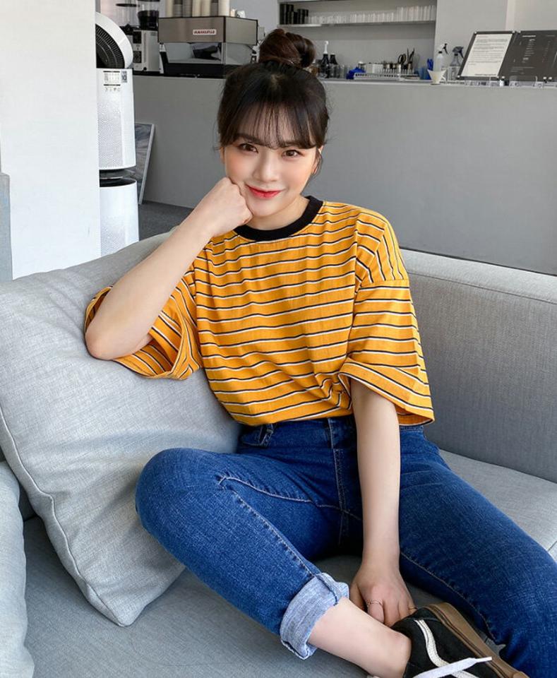 SONYUNARA(ソニョナラ)3色配色ストライプTシャツ【4/16up_ka】韓国 韓国ファッション　マルチボーダー　Tシャツ　オーバーサイズ　体型カバー　男女兼用　カジュアル【即納】