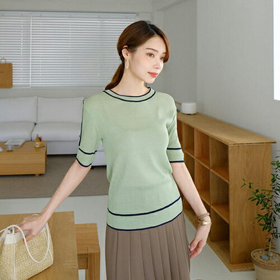 配色ラインボタンニット・全4色・t67977 レディース 【tops】【トップス ニット ニットトップス 配色 半袖 ハーフスリーブ モダン 大人 春 夏 韓国 ファッション】【ハイホリHIHOLLI】