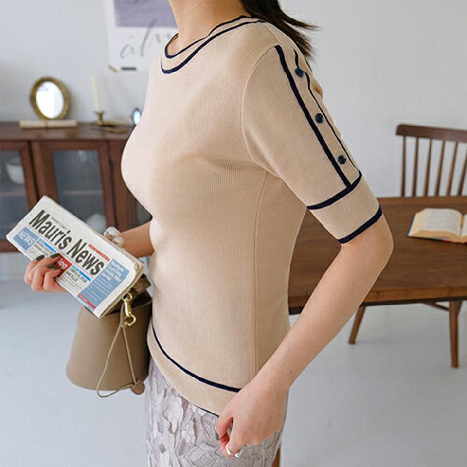 配色ラインボタンニット・全4色・t67977 レディース 【tops】【トップス ニット ニットトップス 配色 半袖 ハーフスリーブ モダン 大人 春 夏 韓国 ファッション】【ハイホリHIHOLLI】