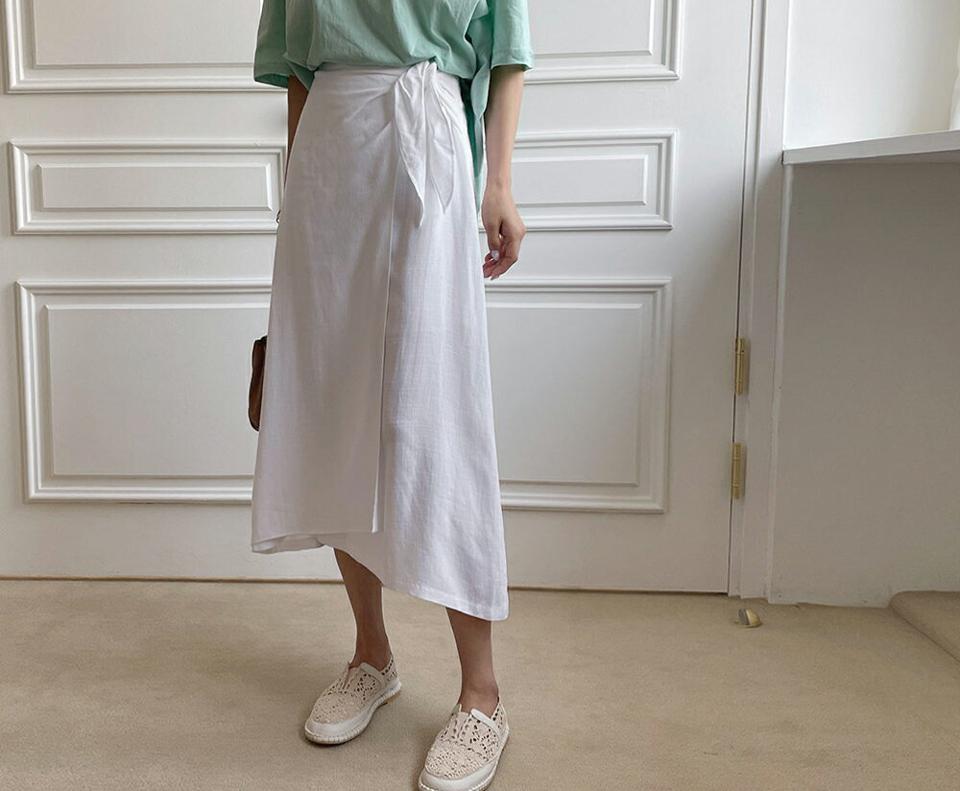 リネン混ラップスカート・全3色・t61933 レディース 【sk】 韓国 ファッション ボトムス スカート ロング ロングスカート リネン レーヨン リボン Hライン 無地 上品 体型カバー 細身 カジュアル ベーシック フェミニン 夏 春
