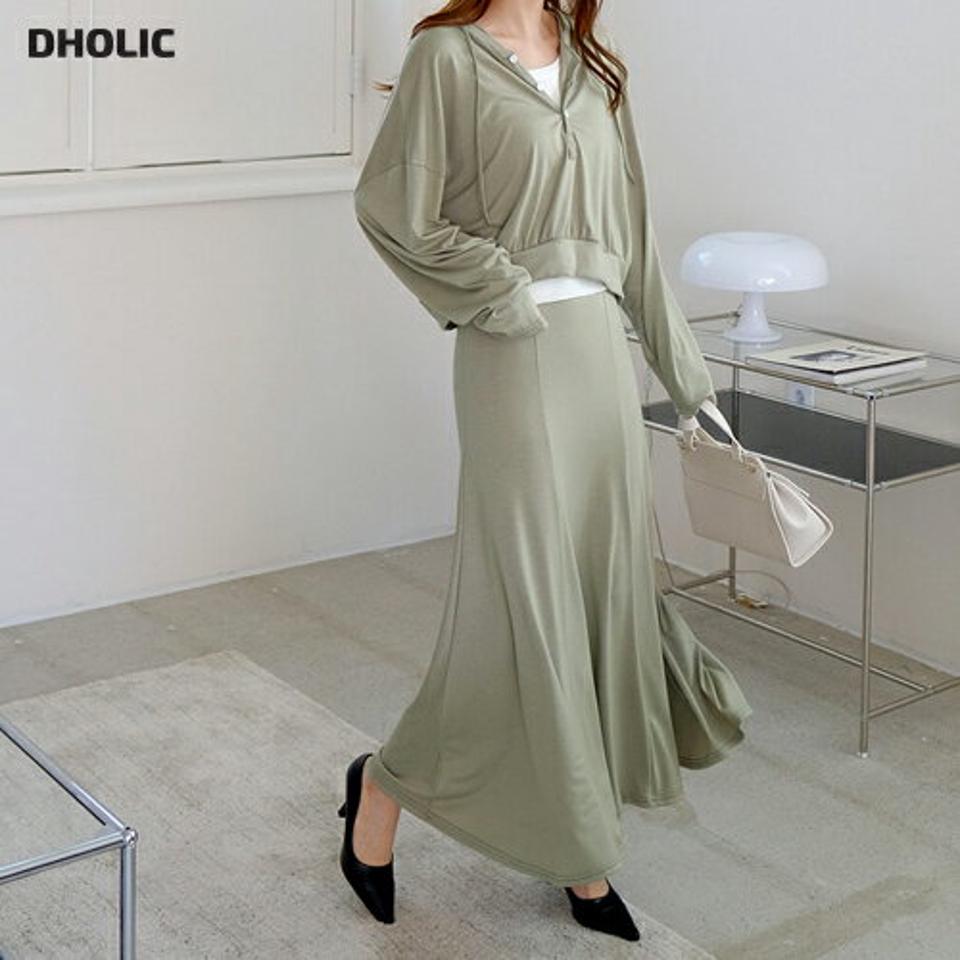 ボタンフーディ&スカートSET・全4色・b67993 レディース 【sk】【セットアップ setup トップス 長袖 パーカー フード フーディ スカート ロングスカート ロング 単色 無地 シンプル カジュアル ラフ 春 秋 韓国 ファッション】【ハイホリHIHOLLI】