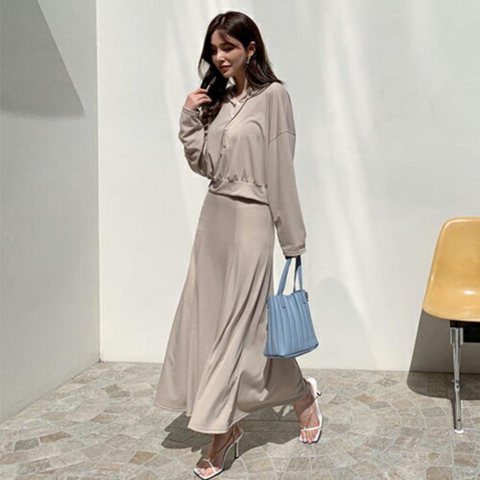 ボタンフーディ&スカートSET・全4色・b67993 レディース 【sk】【セットアップ setup トップス 長袖 パーカー フード フーディ スカート ロングスカート ロング 単色 無地 シンプル カジュアル ラフ 春 秋 韓国 ファッション】【ハイホリHIHOLLI】