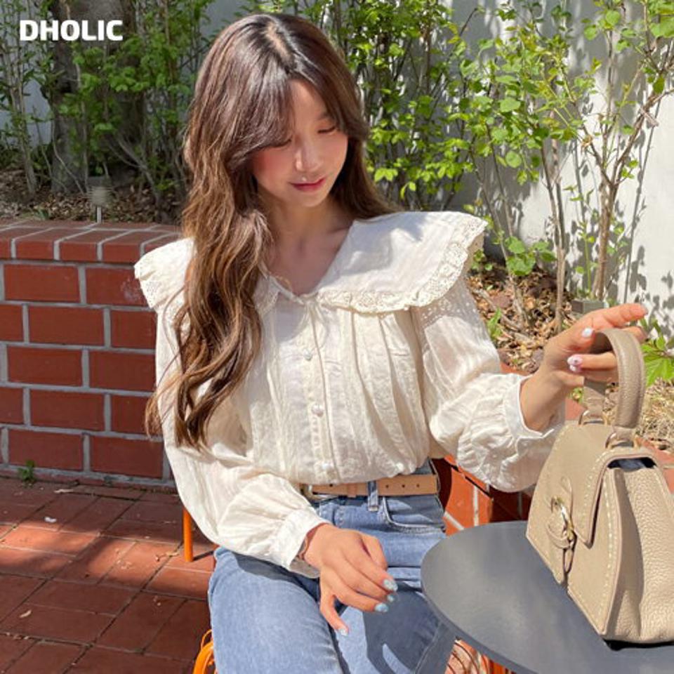 レースフリルカラーブラウス・全2色・b61915 レディース 【bl】【韓国 ファッション トップス ブラウス 長袖 フリル レース 大きい襟 ビックカラー 襟 レースカラー ガーリー フェミニン 上品 体型カバー 小顔 夏 春】