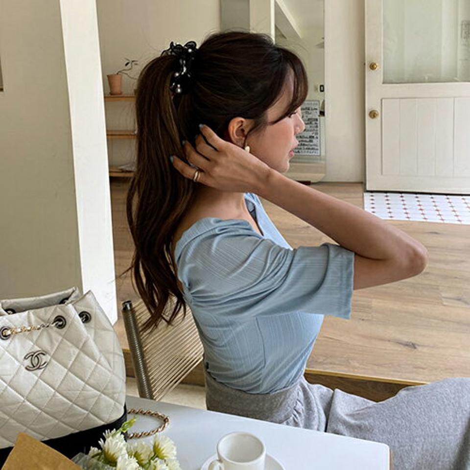 スクエアパフTシャツ・全4色・t63433 レディース 【tops】【韓国 ファッション トップス Tシャツ 半袖 デコルテ スクエアネック ボリューミー 7分丈袖 ボディ リブ フィット フェミニン カジュアル 体型カーバー デイリー 夏 春】