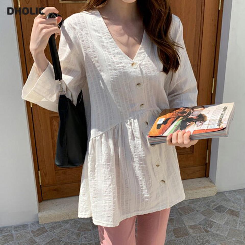 Vネックフレアストライプブラウス・全3色・t68008 レディース 【bl】【トップス ブラウス ストライプ柄 フレア Vネック 七分丈 七分袖 7分丈 7分袖 大人 春 秋 韓国 ファッション】【ハイホリHIHOLLI】