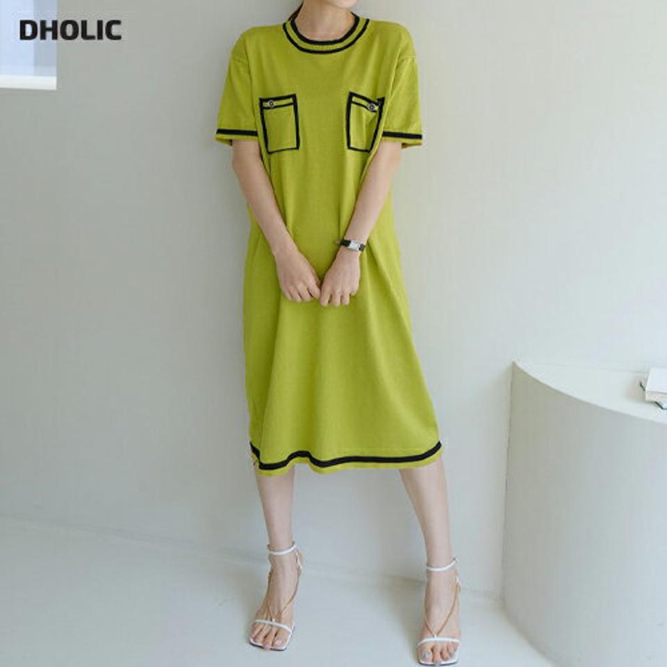 ポケット配色ニットワンピース・全2色・b67991 レディース 【ops】【ワンピース ミディ丈 ミディワンピース 半袖 ハーフスリーブ ニット 配色 ポケット 大人 モダン 春 夏 韓国 ファッション】【ハイホリHIHOLLI】