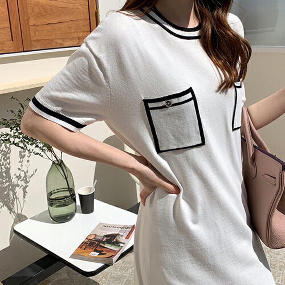 ポケット配色ニットワンピース・全2色・b67991 レディース 【ops】【ワンピース ミディ丈 ミディワンピース 半袖 ハーフスリーブ ニット 配色 ポケット 大人 モダン 春 夏 韓国 ファッション】【ハイホリHIHOLLI】