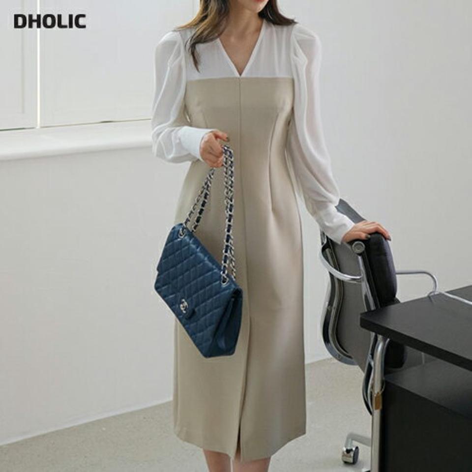 配色Vネックワンピース・全3色・t67994 レディース 【ops】【ワンピース ミディ丈 ミディワンピース 長袖 バイカラー Vネック フェミニン 上品 タック きれいめ 大人 春 秋 韓国 ファッション】【ハイホリHIHOLLI】