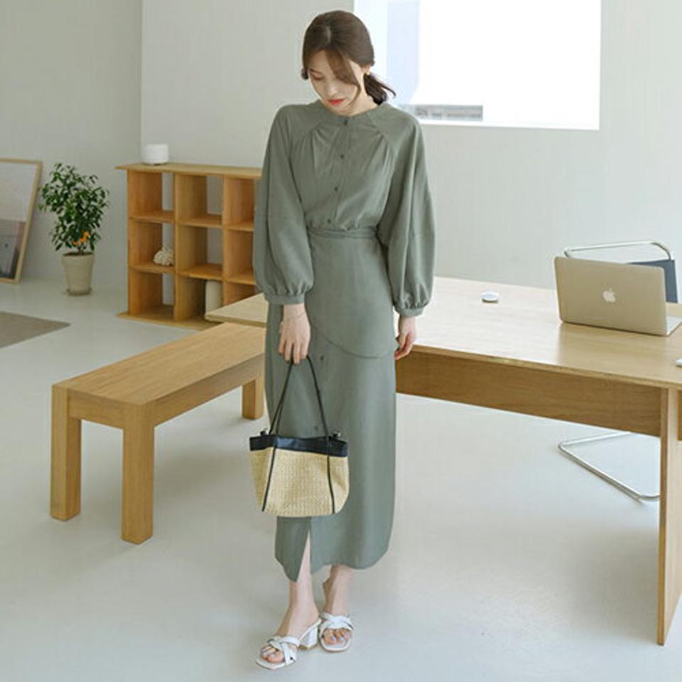 ラップストラップ付ボタンワンピース・全3色・t68011 レディース 【ops】【ワンピース ロング ロングワンピース ラップデザイン 長袖 単色 無地 シンプル ギャザー 春 秋 韓国 ファッション】【ハイホリHIHOLLI】