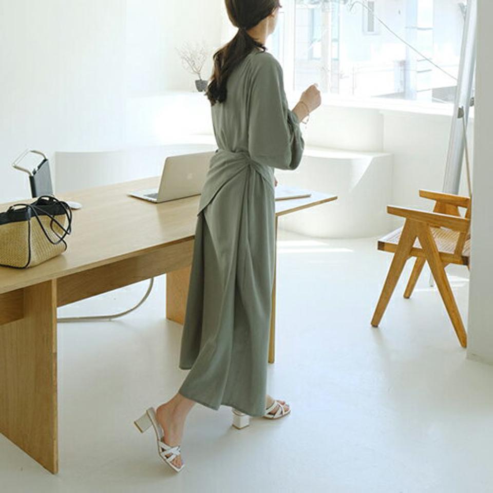 ラップストラップ付ボタンワンピース・全3色・t68011 レディース 【ops】【ワンピース ロング ロングワンピース ラップデザイン 長袖 単色 無地 シンプル ギャザー 春 秋 韓国 ファッション】【ハイホリHIHOLLI】