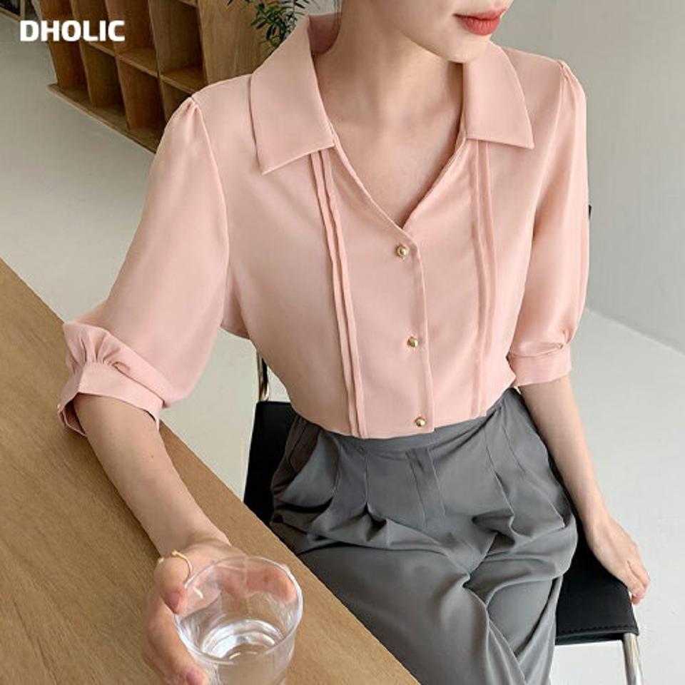 ピンタックカラーブラウス・全4色・t68009 レディース 【bl】 トップス ブラウス 七分丈 七分袖 7分丈 7分袖 ゴールドボタン シンプル 春 秋 韓国 ファッション ハイホリHIHOLLI