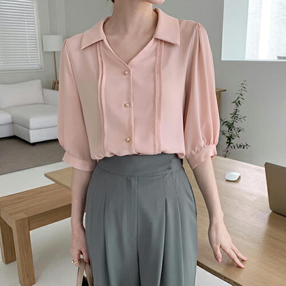 ピンタックカラーブラウス・全4色・t68009 レディース 【bl】 トップス ブラウス 七分丈 七分袖 7分丈 7分袖 ゴールドボタン シンプル 春 秋 韓国 ファッション ハイホリHIHOLLI