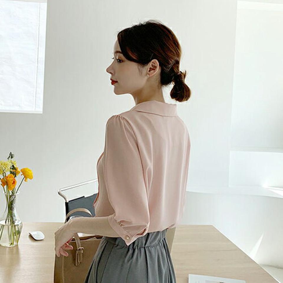 ピンタックカラーブラウス・全4色・t68009 レディース 【bl】 トップス ブラウス 七分丈 七分袖 7分丈 7分袖 ゴールドボタン シンプル 春 秋 韓国 ファッション ハイホリHIHOLLI