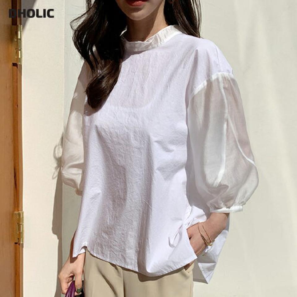 ハーフネックパフブラウス・全2色・b00324 レディース 【bl】【トップス ブラウス ハーフネック 七分丈 七分袖 7分丈 7分袖 透け感 シアー シースルー 異素材 フェミニン 上品 アンバランス パフスリーブ 春 秋 韓国 ファッション】【ハイホリHIHOLLI】