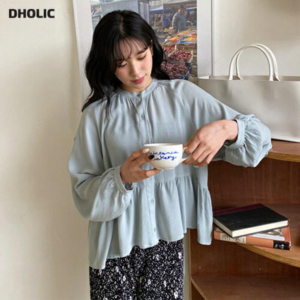 バンドカラーフレアブラウス・全4色・t63867 レディース 【bl】【韓国 ファッション トップス ブラウス 長袖 レーヨン バンドカラー ギャザー ボリューム ルーズ ゆったり ガーリー 体型カバー 細身 春 夏】【NIJU】