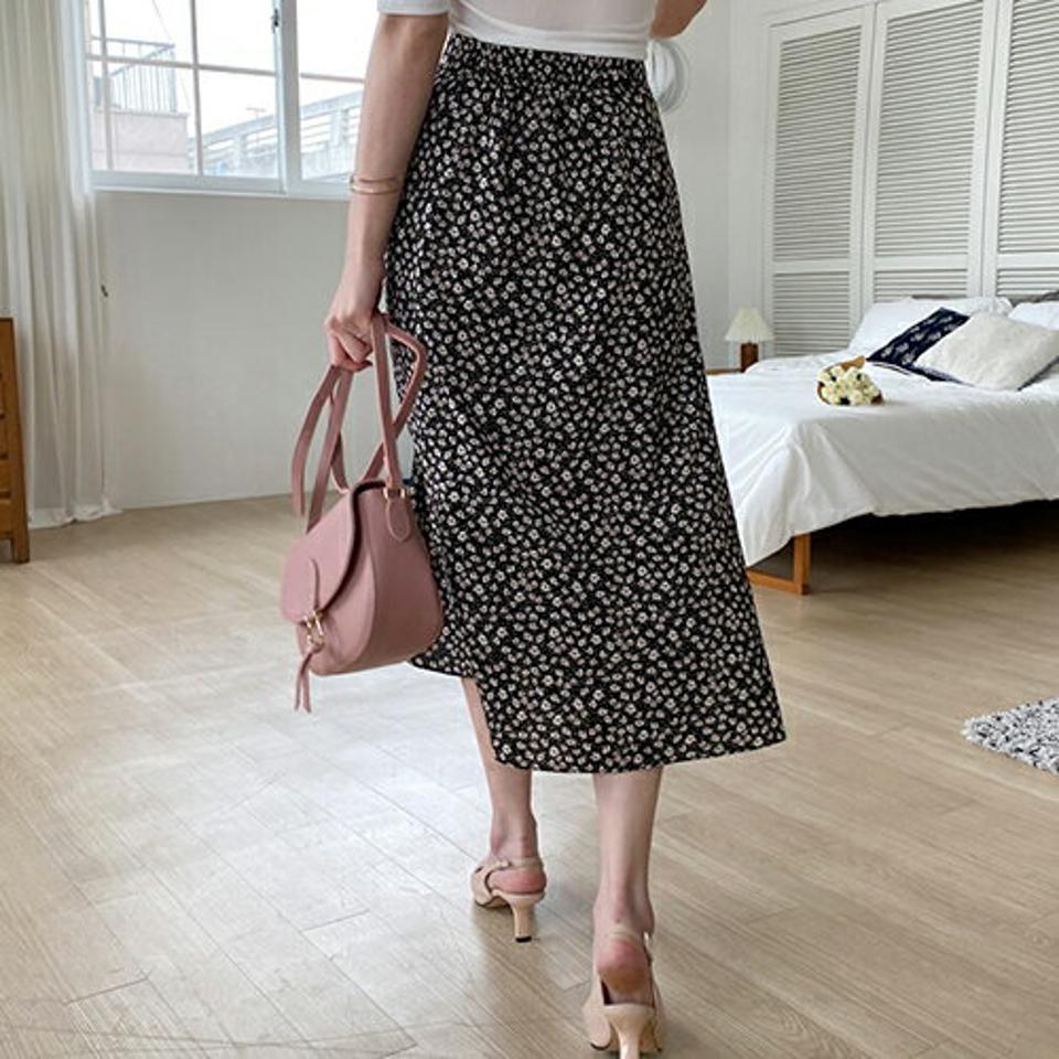 ドロスト小花柄スカート・全2色・t63450 レディース 【sk】【韓国 ファッション ボトムス スカート ロング ロングスカート 花柄 フラワー パターン ギャザー 体型カバー 細身 カジュアル ベーシック フェミニン 夏 春】