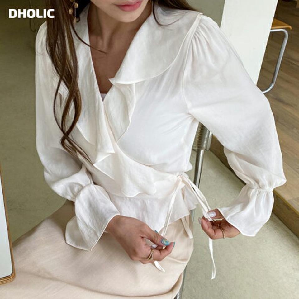 フリルサテンラップブラウス・全2色・t63439 レディース 【bl】【韓国 ファッション トップス ブラウス 長袖 ラップ サテン シルキー Vネック フリル リボン デコルテ 体型カバー スリム ベーシック 細身 夏 春】