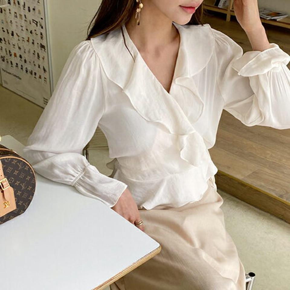 フリルサテンラップブラウス・全2色・t63439 レディース 【bl】【韓国 ファッション トップス ブラウス 長袖 ラップ サテン シルキー Vネック フリル リボン デコルテ 体型カバー スリム ベーシック 細身 夏 春】