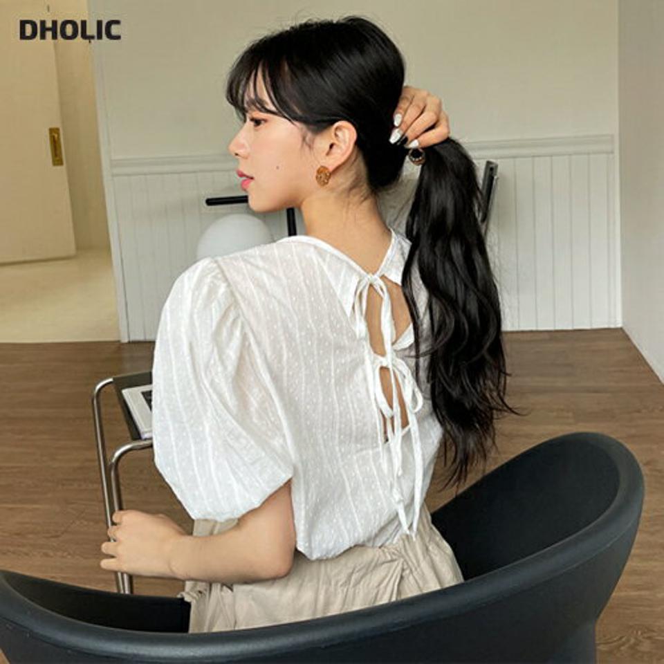 レースバックリボンパフブラウス・全2色・b63855 レディース 【bl】【韓国 ファッション トップス ブラウス 半袖 レース パフスリーブ リボン バックリボン ドット ストライプ ルーズ ゆったり ガーリー 体型カバー 細身 春 夏】【NIJU】