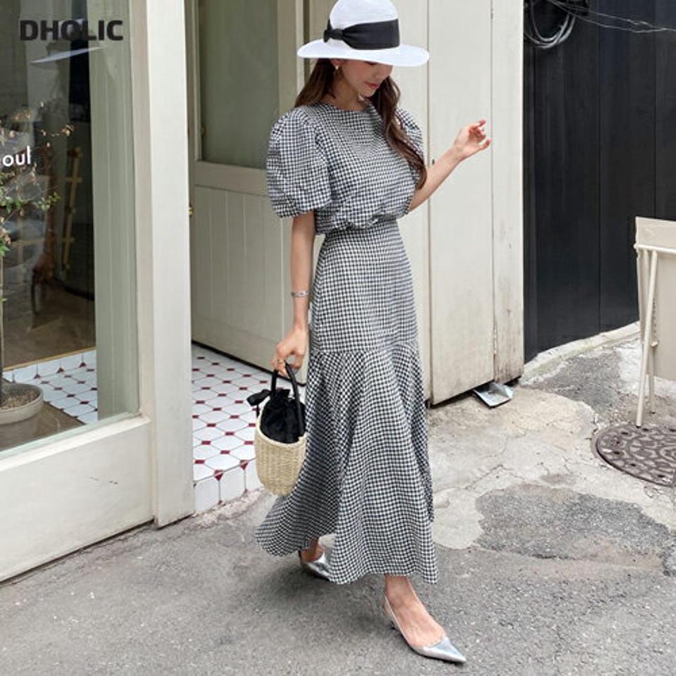 チェックパフブラウス&スカートSET・全2色・t63445 レディース 【ops】【韓国 ファッション ワンピース ロング ロングワンピース 半袖 ガーリー チェック セットアップ ブラウス フレア スリム カジュアル シンプル 体型カバー 細身 夏 春】