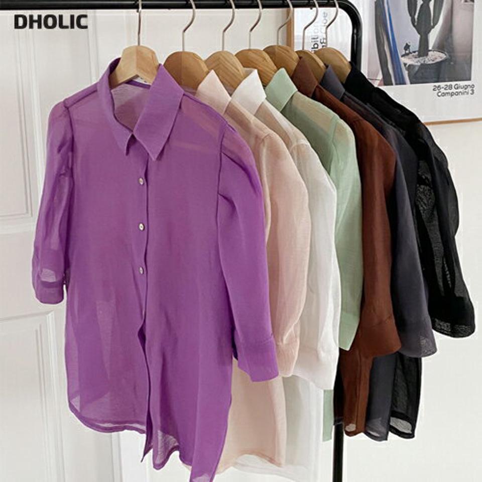 半袖シアーシャツブラウス・全7色・t63436 レディース 【bl】 韓国 ファッション トップス ブラウス 半袖 ガーリー カジュアル シャツブラウス 透け感 シースルー 体型カバー スリム ボリューム かわいい 夏 春