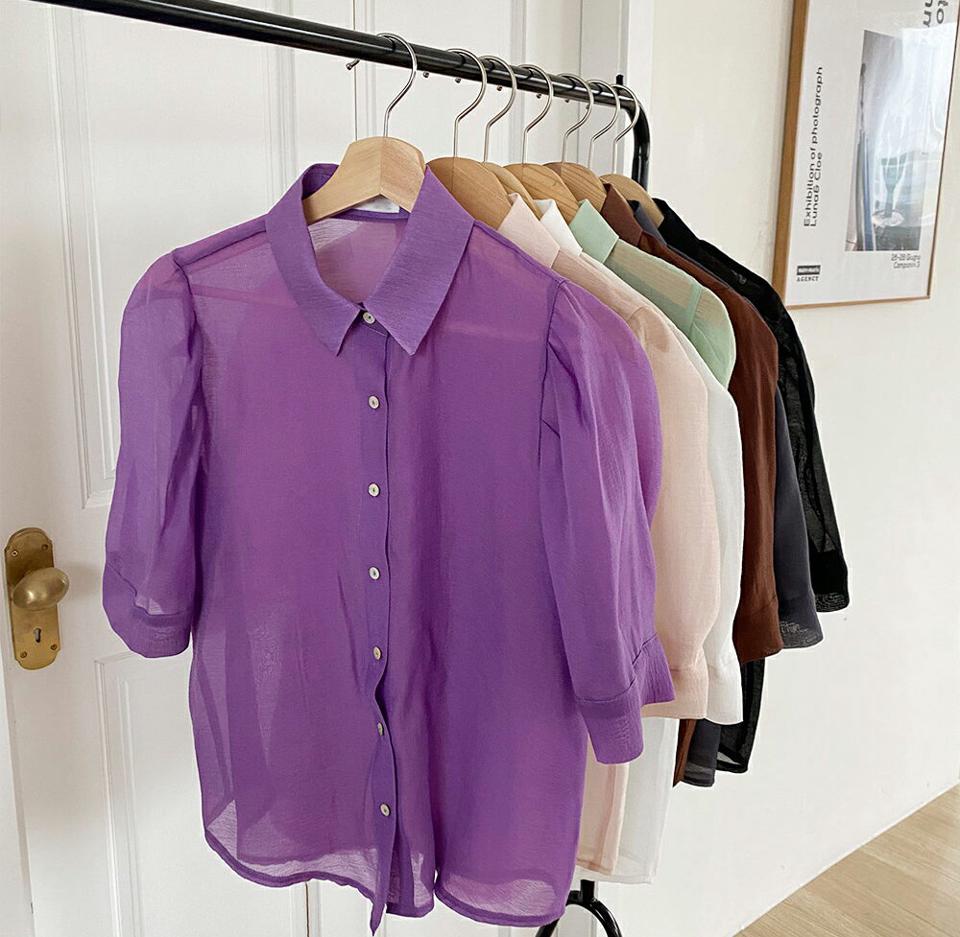 半袖シアーシャツブラウス・全7色・t63436 レディース 【bl】 韓国 ファッション トップス ブラウス 半袖 ガーリー カジュアル シャツブラウス 透け感 シースルー 体型カバー スリム ボリューム かわいい 夏 春